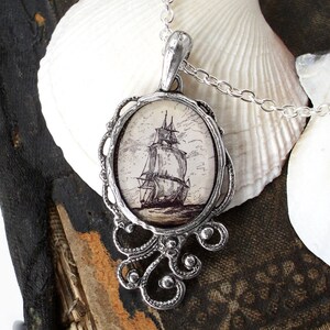 High Seas Pirate Ship Necklace Antique Nautical Print Pendant in Silver or Bronze Finish Pirate Jewelry Silver Plated Finish