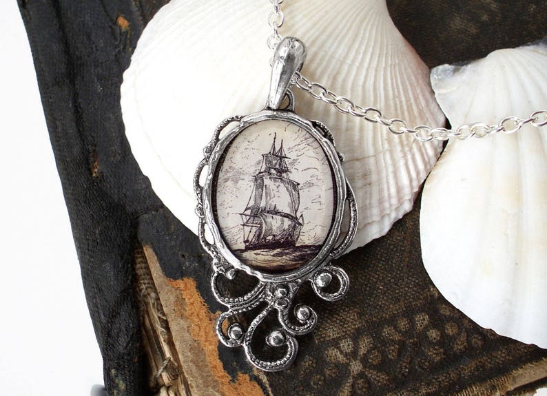 High Seas Pirate Ship Necklace Antique Nautical Print Pendant in Silver or Bronze Finish Pirate Jewelry Silver Plated Finish