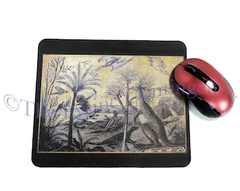 Dinosaur Mouse Pad - Pterodactyl and Hadrosaur Antique Print Mousepad - Pterosaur - Home Office