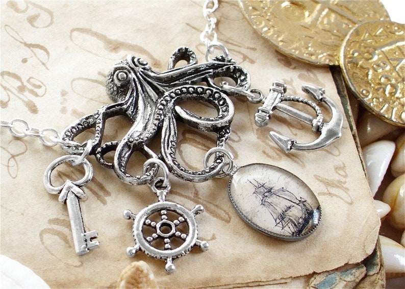Octopus Necklace Anchor Necklace Pirate Jewelry Statement Necklace The Kraken Pirate Ship image 6