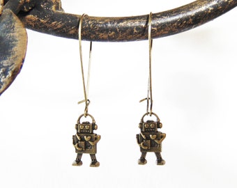 Robot Earrings - Little Heart Robot Earrings in Bronze or Silver Finish - Sci Fi