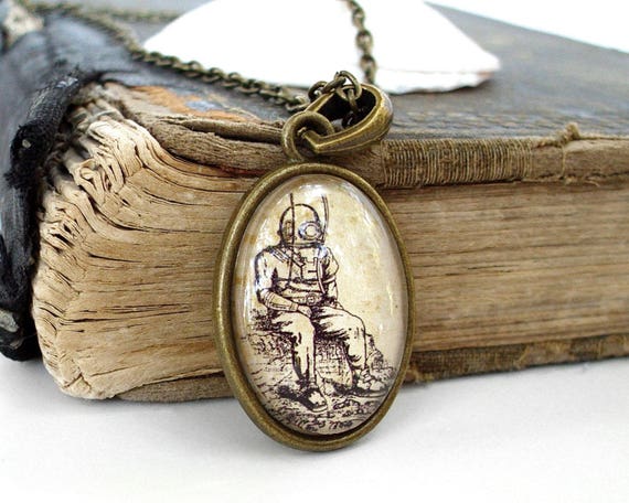 Deep Sea Diver Necklace - Antique Nautical Print Pendant in Bronze or Silver Finish