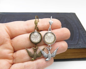 Compass Earrings - Antique Nautical Print Dangle Earrings in Bronze or Silver Finish - Pirate Jewelry - Sparrow Earrings