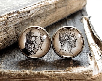 Philosophy Cuff Links - Socrates and Plato Cufflinks in Bronze Or Silver Finish