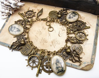 Pirate Charm Bracelet or Necklace in Bronze or Silver Finish - Pirate Jewelry - Ship - Skeleton Key - Jolly Rodger / Skull and Crossbones