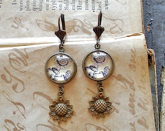 Sunflower Earrings - Antique Botanical Print Dangle Earrings in Bronze or Silver Finish
