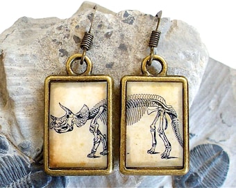 Dinosaur Earrings - Triceratops Dangle Earrings - DOUBLE-SIDED Dino Dangle in Bronze or Silver Finish