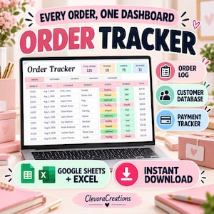 Pode incluir: Uma planilha digital de rastreamento de pedidos exibida na tela de um laptop, com colunas para ID do pedido, data, cliente, produto, status, pagamento e total. Inclui ícones para registro de pedidos, banco de dados e rastreador de pagamentos.