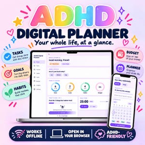 Könnte beinhalten: Ein digitaler Planer auf einem Laptop- und Smartphone-Bildschirm. Die Benutzeroberfläche enthält Abschnitte für Aufgaben, Ziele, Gewohnheiten und Budget. Der Text umfasst ADHD DIGITAL PLANNER sowie verschiedene Beschriftungen wie Tasks und Goals.