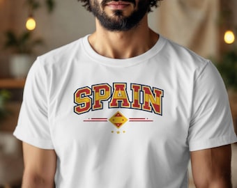 Camiseta con estampado de arco retro de España, prenda vintage que muestra el orgullo nacional.