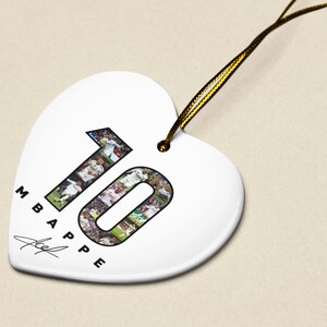 A heart-shaped ornament with the number 10 and the word "MBAPE" printed on it.