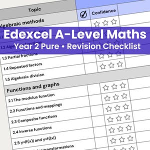 May include: A checklist for Edexcel A-Level Maths Year 2 Pure revision. The document is a table with topics, including algebraic methods and functions and graphs. A confidence rating section is included.