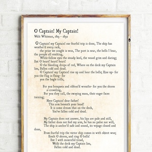 O Captain! My Captain!, Walt Whitman Poetry Art  Print, Literary Quote Print Gift, Inspirational Quote, My Captain Poem, Unframed