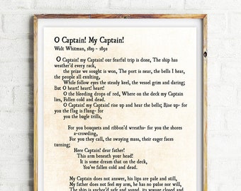 O Captain! My Captain!, Walt Whitman Poetry Art  Print, Literary Quote Print Gift, Inspirational Quote, My Captain Poem, Unframed