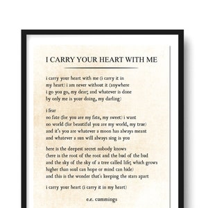 i carry your heart Wall Art Print, ee cummings Poem Print, Poetry Art Print, Wedding Poem Print, Anniversary Gift, Nursery Print, Unframed