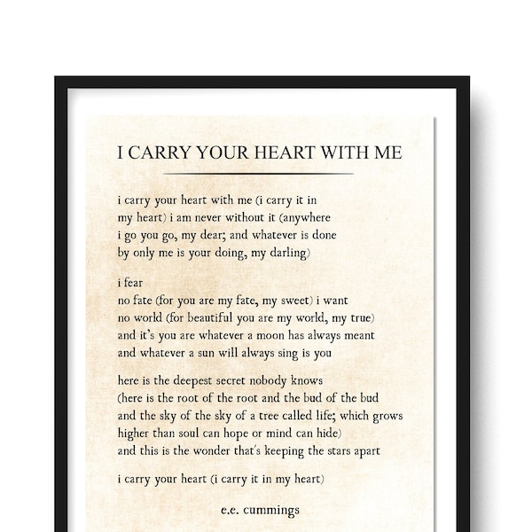 i carry your heart Wall Art Print, ee cummings Poem Print, Poetry Art Print, Wedding Poem Print, Anniversary Gift, Nursery Print, Unframed