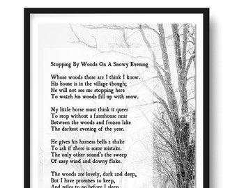 Stopping by Woods on a Snowy Evening, Robert Frost Poem, , Poetry Art Print,  Promises to Keep, Winter Wall Art, Farmhouse Decor, Unframed