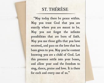 St Therese of Lisieux May Today There Be Peace Within, Catholic Prayer Card, Catholic Saint Quote