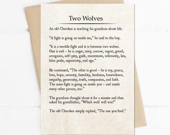 Two Wolves Native American Poem, Cherokee Tale, Native American Tale Story, Graduation Grad Card, Friendship Inspirational Card