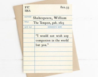 William Shakespeare Love Quote, Would Not Wish any Companion but You, The Tempest, Romantic Love Quote Card, Book Lover Literary Gift Idea