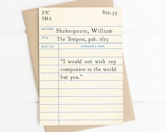 William Shakespeare Love Quote, Would Not Wish any Companion but You, The Tempest, Romantic Love Quote Card, Book Lover Literary Gift Idea