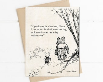 If You Live to be a Hundred Winnie the Pooh Quote Blank Notecard, AA Milne, Card for Her Him, Friendship Romantic Card, Book Quotes Card