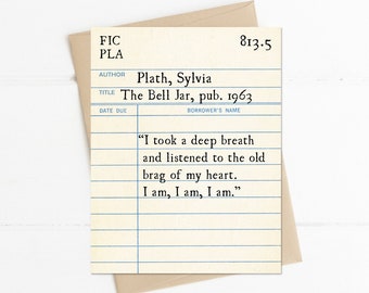 Sylvia Plath Quote, The Bell Jar, I Listened to the Old Brag of my Heart I am I am, Feminist Writer, Vintage Library Card, Literature Gift