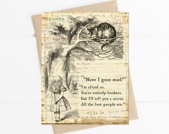 Alice in Wonderland Quote, You're Mad Bonkers, Lewis Carroll, Adventure Quote, Book Lover Gift Idea, Friendship Bestie Card