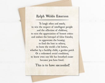 Ralph Waldo Emerson Quote, What is Success, To Laugh Often and Love Much Quote, Graduation Grad Card,  Encouragement Friendship Card