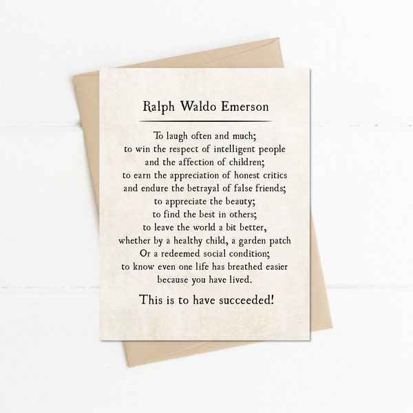 Ralph Waldo Emerson Quote, What is Success, To Laugh Often and Love Much Quote, Graduation Grad Card,  Encouragement Friendship Card
