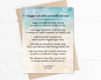 E.E. Cummings Poem Maggie and Milly and Molly and May, Poetry Art Print Card, Friendship Card, Book Lover Literary Card, Best Friends Card