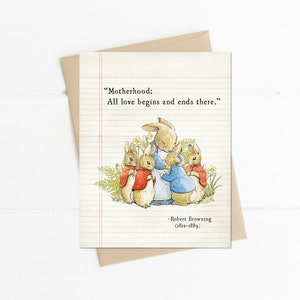 May include: A vintage-style illustration of a mother rabbit with three baby rabbits. The quote "Motherhood: All love begins and ends there." is written in black text on a lined paper background. The quote is attributed to Robert Browning (1812-1889).