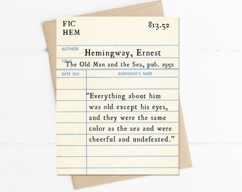 The Old Man and the Sea, Ernest Hemingway Quote, Library Card Notecard, Book Lovers Gift, Garden Lover Gift