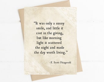 F. Scott Fitzgerald Quote, It was only a Sunny Smile, Love Best Friend Book Quote Card, Anniversary Card, Book Lover Gift Idea