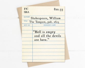 William Shakespeare Quote, Hell is Empty and All the Devils are Here, The Tempest Quote, Vintage Library Card, Book Lover Literary Gift Idea