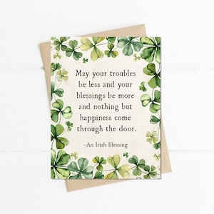 Saint Patrick's Day Irish Blessing Note Card, Clovers and Shamrocks, May Your Troubles Be Less Blessings Be More, Friendship Card