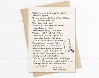 Winnie the Pooh AA Milne Quote, Today was a Difficult Day, Pooh and Piglet, Friendship Card, 5x7 Notecard, Book Quote Card Best Friends Card