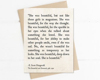 F. Scott Fitzgerald Quote, She Was Beautiful Quote, Romantic Love Quote Card, Anniversary Card, Book Lover Gift Idea, Literary Gift
