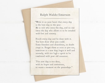 Ralph Waldo Emerson Quote, Write it on Your Heart, Birthday Card, 5x7 Note Card, Poetry Art Card, Inspirational Quote, Literary Art Print