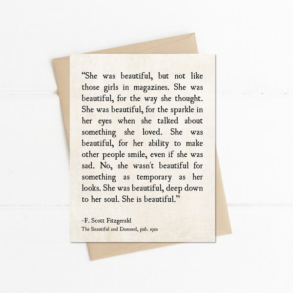 F. Scott Fitzgerald Quote, She Was Beautiful Quote, Romantic Love Quote Card, Anniversary Card, Book Lover Gift Idea, Literary Gift