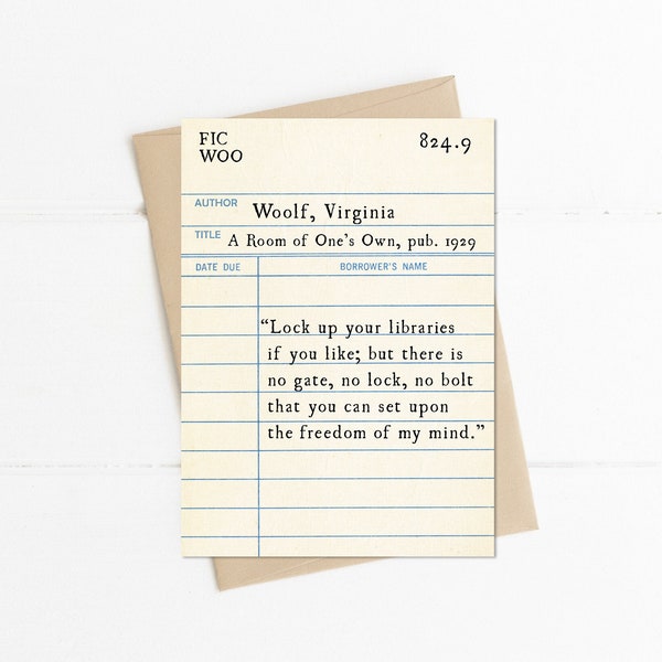 Virginia Woolf Quote, Lock up Your Libraries, Library Card Notecard, Friendship Greeting Card, Feminist Inspiring Quote, Book Lover Gift