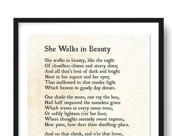 She Walks in Beauty Lord Byron Poem, Love Poem Print, Poetry Art Print, Literary Book Page Print, Literary Art Print, Unframed