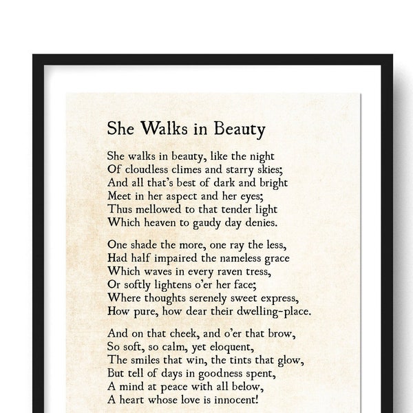 She Walks in Beauty Lord Byron Poem, Love Poem Print, Poetry Art Print, Literary Book Page Print, Literary Art Print, Unframed
