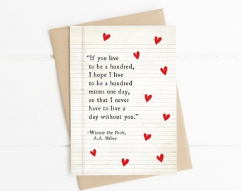 May include: A card with a quote from Winnie the Pooh about love and a hundred red hearts on a lined background. "If you live to be a hundred, I hope I live to be a hundred minus one day, so that I never have to live a day without you." -Winnie the Pooh, A.A. Milne