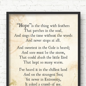 Emily Dickinson Hope is the Thing with Feathers Poem, Emily Dickinson, Literary Quote Art Print, Poetry Art, Inspirational Quote, Unframed