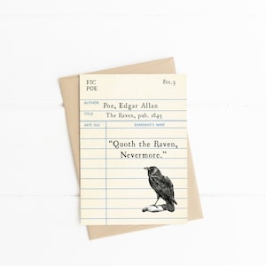 May include: A vintage library card with a black and white illustration of a raven. The card has the title "The Raven, pub. 1845" and the author "Poe, Edgar Allan". The quote "Quoth the Raven, Nevermore." is printed below the illustration.