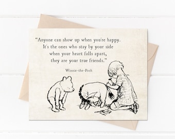 Cita de Winnie the Pooh, Cita de AA Milne, Cualquiera puede aparecer cuando estás feliz, Winnie Pooh Piglet Eeyore, Tarjeta de cumpleaños de amistad para mejores amigos