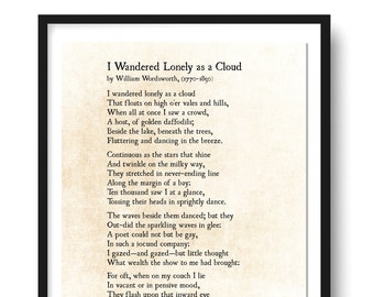 I Wandered Lonely as a Cloud, William Wordsworth Poem Poetry Art Print, Literary Quote Print, Book Page Art, Modern Wall Art, Unframed