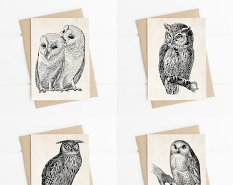 Owls Note Cards, Owl Art Stationery, Set of 4 Cards With Kraft Envelopes, Owl Note Cards, Woodland Nature Greeting Cards, Gift Idea