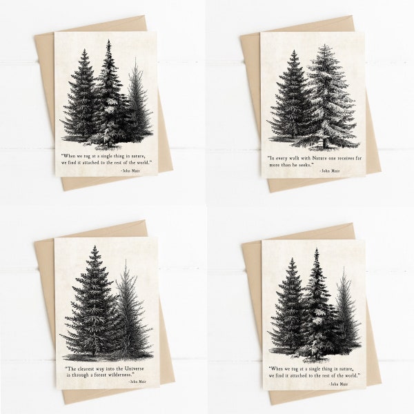 John Muir Quotes, Into the Forest I Go, Woodland Trees Art Stationery, Nature Lover Gift, Set of 4 Cards With Kraft Envelopes